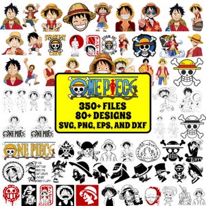 May include: A collection of One Piece digital graphics featuring Monkey D. Luffy in various poses, straw hat icons, and skull emblems. A central yellow sign displays the text: ONE PIECE 350+ FILES 80+ DESIGNS SVG, PNG, EPS, AND DXF.