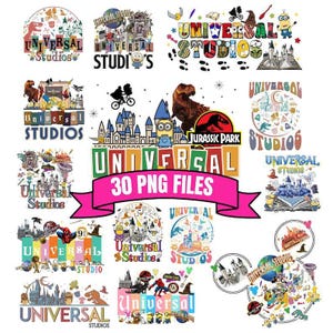 May include: A collection of 30 digital graphic designs featuring the Universal Studios logo, various movie characters, theme park icons, and film-related imagery. The designs incorporate colorful text, illustrations of dinosaurs, castles, and minions.