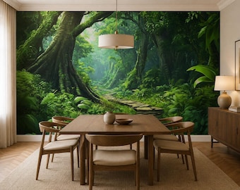 Enchanted Forest Wallpaper Mural, Green Jungle Wall Mural, Custom Peel and Stick Wallpaper, Nature Wall Decor, Forest Landscape Wallpaper