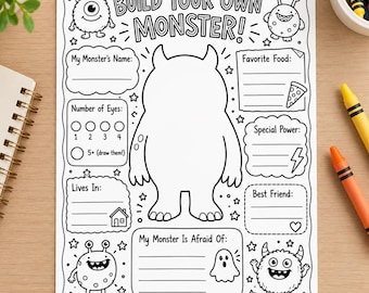 Peut inclure: Une feuille d'activité en noir et blanc intitulée Build Your Own Monster avec un grand contour de monstre vide au centre, entouré de sections pour le nom, la nourriture, les yeux, les pouvoirs, l'habitat, les amis et les peurs, avec des dessins.