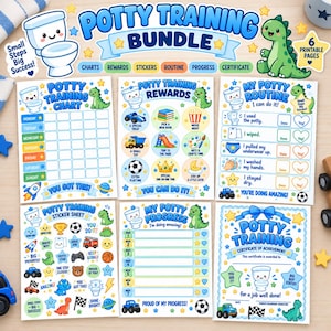 May include: A potty training bundle featuring six printable pages with a blue and green colour scheme. The set includes a training chart, reward sheet, routine checklist, sticker sheet, progress tracker, and a certificate of achievement with dinosaur and toilet graphics.
