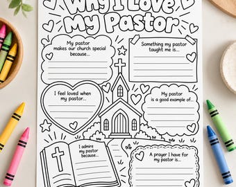 Può includere: Un foglio di attività stampabile in bianco e nero intitolato Why I Love My Pastor, con un'illustrazione centrale di una chiesa, una Bibbia e vari spunti di scrittura in cornici a forma di cuore e nuvola, circondato da pastelli colorati.