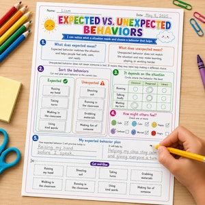 Op de afbeelding: Een geprint educatief werkblad getiteld Expected vs. Unexpected Behaviors met secties voor het sorteren van gedrag, situationele analyse en een persoonlijk plan. De pagina bevat gekleurde tekst, iconen en selectievakjes, met handgeschreven tekst in de invulvelden.