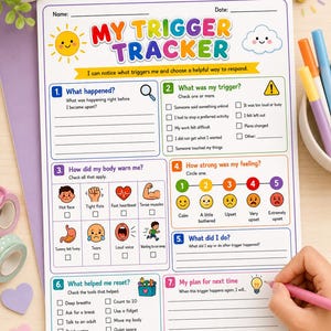 Puede incluir: Una hoja de trabajo My Trigger Tracker con siete secciones para la regulación emocional. La página presenta iconos coloridos, casillas de verificación y avisos como What happened, What was my trigger, How did my body warn me y My plan for next time.