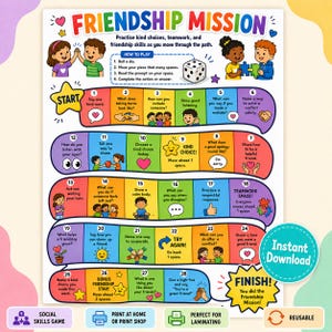 Pode incluir: Um jogo de tabuleiro colorido intitulado Friendship Mission com um caminho sinuoso de 28 espaços numerados. Cada espaço contém instruções sobre gentileza e trabalho em equipe, ilustradas com personagens, corações e estrelas.