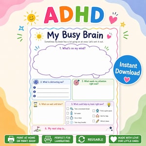 以下が含まれることがあります： ADHDワークシート「My Busy Brain」は、思考、気晴らし、優先順位、対処法のためのセクションで構成されています。ページには大きな中央の思考バブル、番号付きリスト、チェックボックス、ターゲット、タイマー、電球などのアイコンが配置されています。