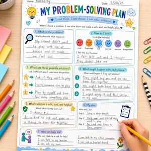 May include: A printed worksheet titled My Problem-Solving Plan with handwritten responses. The document features numbered sections for identifying problems, feelings, and solutions, decorated with colourful icons like a lightbulb, stars, and clouds.