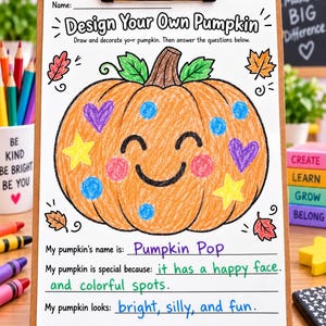 May include: A Design Your Own Pumpkin activity worksheet on a clipboard. The sheet features a large orange pumpkin with a happy face, decorated with purple hearts, yellow stars, and blue dots. Handwritten text includes Pumpkin Pop and descriptions.