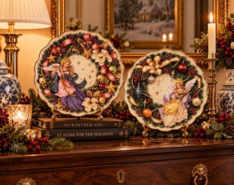 Juego de 2 platos navideños con ángeles de Lena Liu, edición limitada de Bradford Exchange Yuletide Noel de 1996. Platos de porcelana con ángeles navideños.
