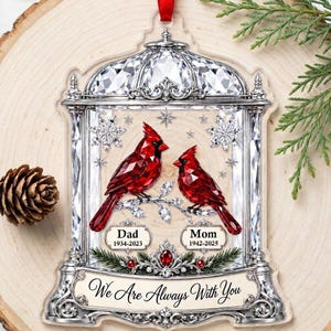 Personalized Memorial Acrylic Ornament, Cardinal Couple Crystal Ruby Lantern Parents Always With You Gift