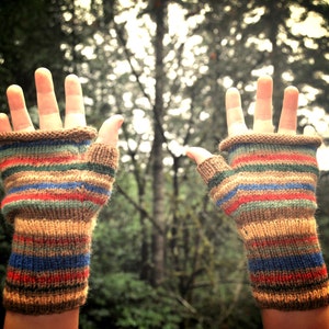 DIY Knit Rolled Edge Fingerless Mitts Gloves Primary colors PDF pattern download only image 4