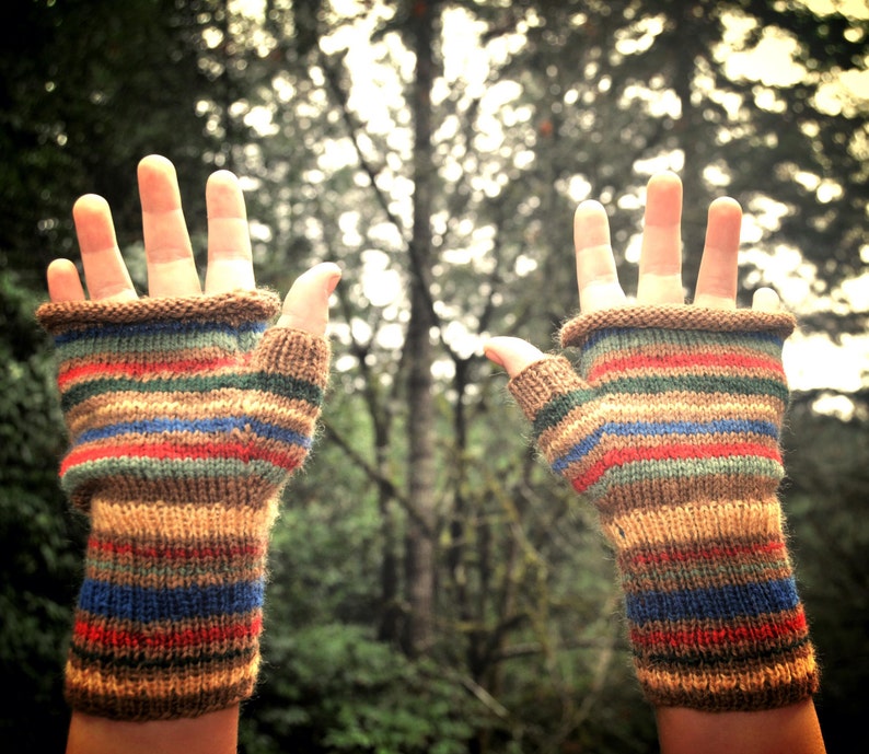 DIY Knit Rolled Edge Fingerless Mitts Gloves Primary colors PDF pattern download only image 4