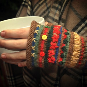 DIY Knit Rolled Edge Fingerless Mitts Gloves Primary colors PDF pattern download only image 1