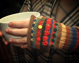 DIY Knit Rolled Edge Fingerless Mitts Gloves  Primary colors - PDF pattern download only