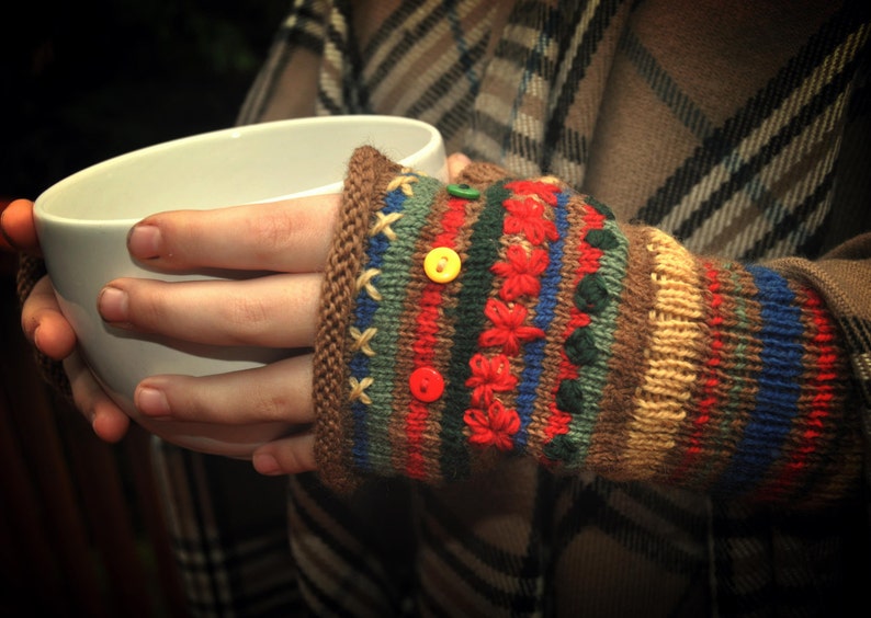 DIY Knit Rolled Edge Fingerless Mitts Gloves Primary colors PDF pattern download only image 1