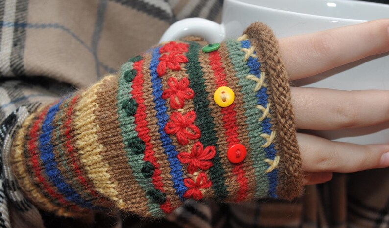 DIY Knit Rolled Edge Fingerless Mitts Gloves Primary colors PDF pattern download only image 3