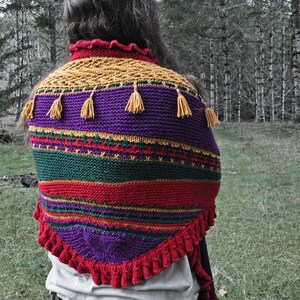 May include: A colorful knitted shawl with a purple, red, green, and gold striped pattern. The shawl has a fringe border and yellow tassels.