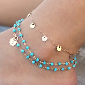 Turquoise bead wrap ANKLET, Layered Boho Chic ankle bracelet Personalized custom stamped initial disc circle, 14kt Gold filled,beach summer image 1