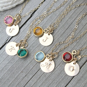 Collar para niño, collar para niña, personalizado, chapado en oro de 14 k, disco inicial estampado personalizado y piedra de nacimiento de Swarovski, monograma, letra