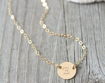 14K Gold Filled Initial disc Necklace, personalized, Monogram, letter tag, bridesmaids gift, custom stamped tiny, simple everyday jewelry