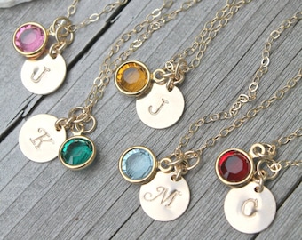 Child necklace, Little girl necklace, Personalized 14k gold filled, custom stamped initial disc & Swarovski Birthstone, monogram, letter