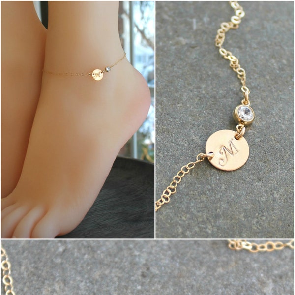 ANKLET - 14kt Gold filled, cubic zirconia diamond cz solitaire, personalized custom stamped initial disc, sexy beach jewelry, ankle bracelet