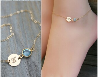 ANKLET personalized ankle bracelet,14k gold filled, custom stamped initial disc & Swarovski Birthstone, beach wedding, Bridesmaids Gift