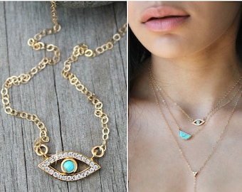 Evil eye turquoise necklace, Eye of protection, 14K Gold Filled layering necklace, cubic zirconia, cz diamonds, good luck charm, talisman