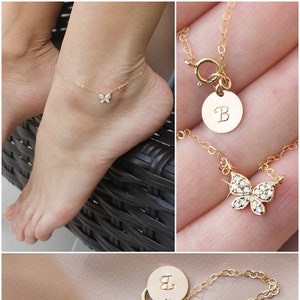 Butterfly ANKLET - 14kt Gold filled, cubic zirconia, cz diamond stones, personalized custom stamped initial disc, ankle bracelet, foot chain