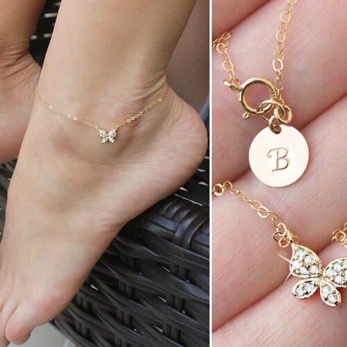 Butterfly ANKLET - 14kt Gold filled, cubic zirconia, cz diamond stones, personalized custom stamped initial disc, ankle bracelet, foot chain