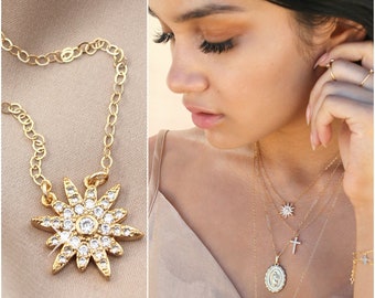 Collar Starburst, cadena rellena de oro de 14k, estrella celestial, colgante cúbico de zirconia, piedras de diamante cz, explosión de estrellas en capas, regalo de Navidad