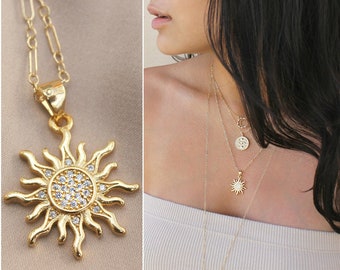 Sun necklace, 14k gold filled chain, celestial sun, cubic zirconia Sunburst pendant, cz diamonds, layering sun burst, sunshine,