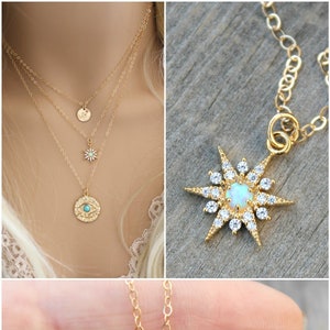 Starburst necklace, Blue Opal, 14k gold filled chain, celestial cubic zirconia North Star pendant, cz diamonds, layering, potionumber9