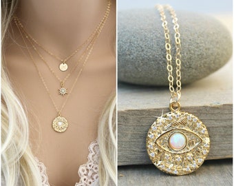 Evil eye Opal necklace, Eye of protection coin pendant medallion, 14K Gold Filled chain, cubic zirconia, cz diamonds, good luck, talisman