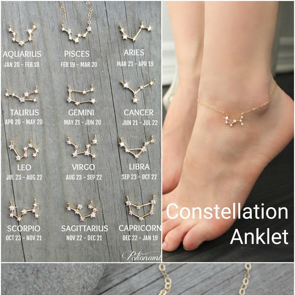 Constellation ANKLET, Cubic zirconia diamonds, 14k gold filled, cz Celestial Zodiac ankle bracelet chain,personalized initial,bridesmaids