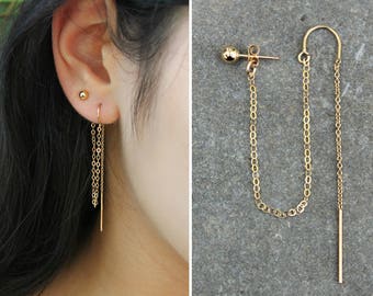 2-piercings set Threader oorbellen, 14k goud gevuld, draad, balpen stud, haken, dubbele combo, set van twee verbonden oorbellen