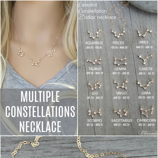 Multiple Constellations Necklace, 2 3 4 5 6 7 pendants, Cubic zirconia diamonds, 14k gold filled, celestial cz layering Zodiac, personalized