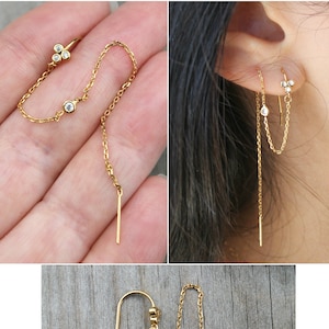 Threader earrings, Cubic Zirconia cluster, gold French ear wire, CZ Diamond hook, double piercing, connected thread chain, Christmas gift