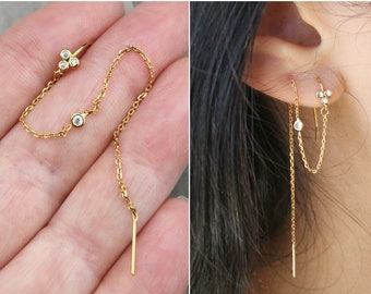 Threader earrings, Cubic Zirconia cluster, gold French ear wire, CZ Diamond hook, double piercing, connected thread chain, Christmas gift