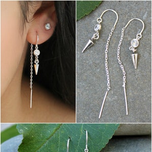 Zilveren Threader oorbel, 925 sterling zilver, draad, cubic zirconia cz diamanten & mini picks, bungel druppel, kerstcadeau