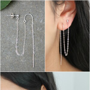 Silver connected threader earrings, double piercings set, 925 sterling silver, threaded thread, ball post stud, combo set of two earrings