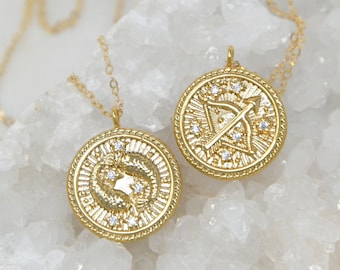 Gold Zodiac coin Necklace, 14k gold filled chain, Aquarius Pisces Aries taurus Gemini Cancer Leo Virgo Libra scorpio sagittarius Capricorn