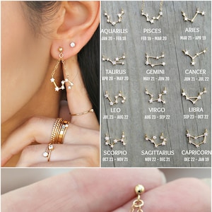 Zodiac Constellation earrings, Celestial Cubic zirconia diamonds, Zodiac signs, personalized,14k gold filled or sterling silver,