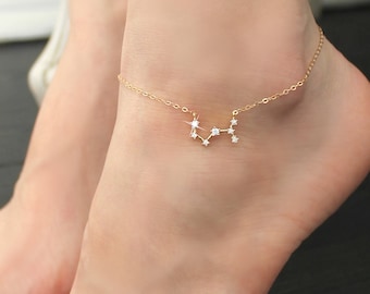 ANKLET, Constellation, Cubic zirconia diamonds, 14k gold filled, cz Celestial Zodiac ankle bracelet chain,personalized initial,bridesmaids