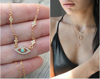 Eye of protection necklace, Cubic zirconia and turquoise Evil eye, Angel eye, 14K Gold Filled chain, cz diamond clusters, good luck charm