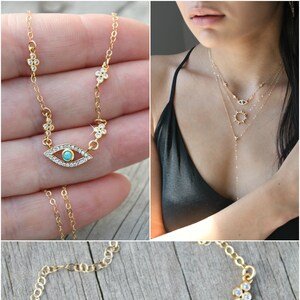 Eye of protection necklace, Cubic zirconia and turquoise Evil eye, Angel eye, 14K Gold Filled chain, cz diamond clusters, good luck charm