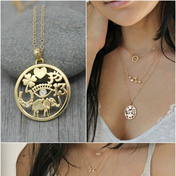 Evil eye necklace, lucky elephant, four leaf clover, horseshoe, heart, Eye of protection pendant medallion, 14K Gold Filled chain, good luck