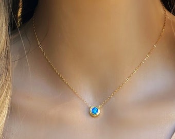 Blue opal necklace, 14K Gold Filled chain, opal pendant, layering necklace, blue opal jewelry, small dainty delicate, gold opal necklace