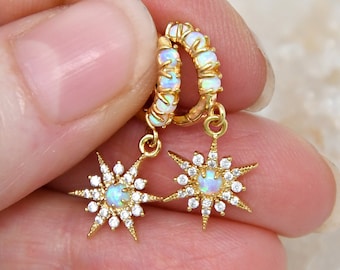 Opal huggie hoops earrings with opal starburst charms, Celestial stars, cubic zirconia stones, cz diamonds, gold mini hoops, Christmas gift