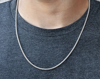 Men 3mm round box chain necklace, stainless steel, non tarnish, waterproof, silver men's jewellery, unisex, gift for him, basic man chain